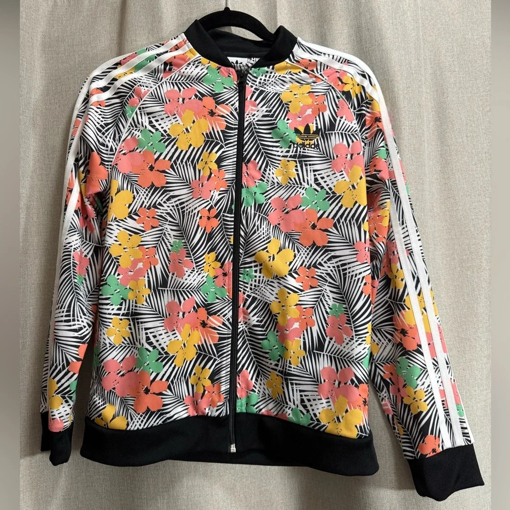 Adidas Originals Floral Track Jacket Girls L 13-14 Tropical Zip Up School Jacket